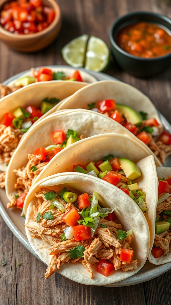 A close-up of chicken tacos on a wooden platter, topped with lettuce, tomatoes, and avocado.
